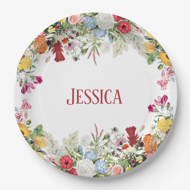 Personalized Floral Garden Colourful Flowers Paper Plate (Front)