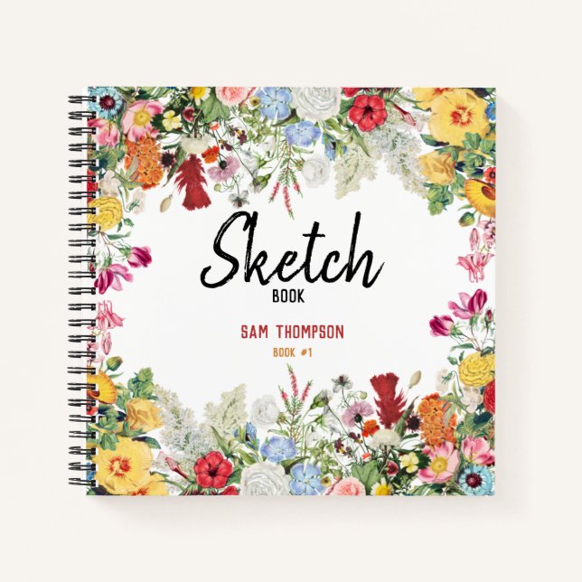 Personalized Floral Garden Flowers Sketchbook Notebook (Front)