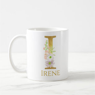 Personalized Floral Gold Monogram Letter I Custom Coffee Mug