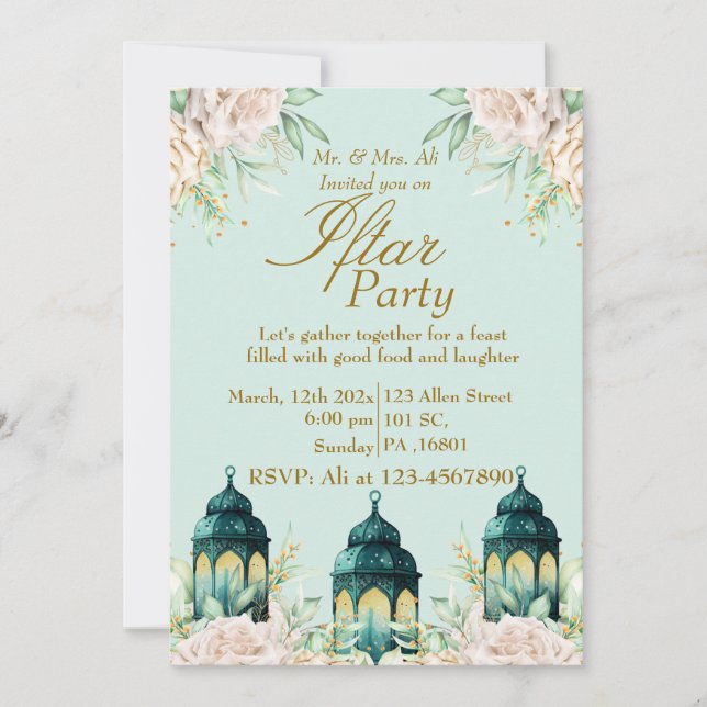 Personalized Floral Gold Ramadan Iftar Party  Invitation (Front)