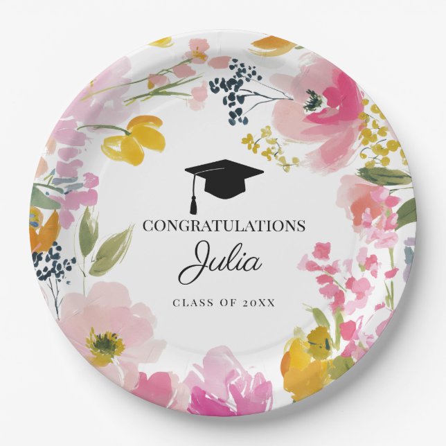 Personalized Floral Graduation Party Decor Paper Plate (Front)