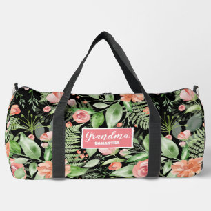 Personalized Floral Grandma Mother's Day Black Duffle Bag