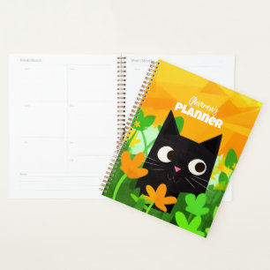 Personalized Floral Green Orange Black Cat Planner