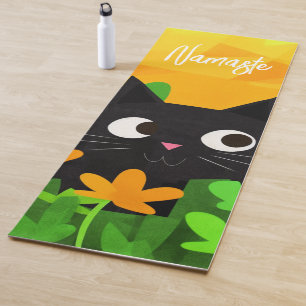 Personalized Floral Green Orange Black Cat Yoga Mat