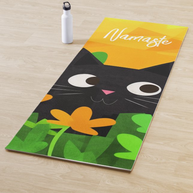 Personalized Floral Green Orange Black Cat Yoga Mat (In Situ)