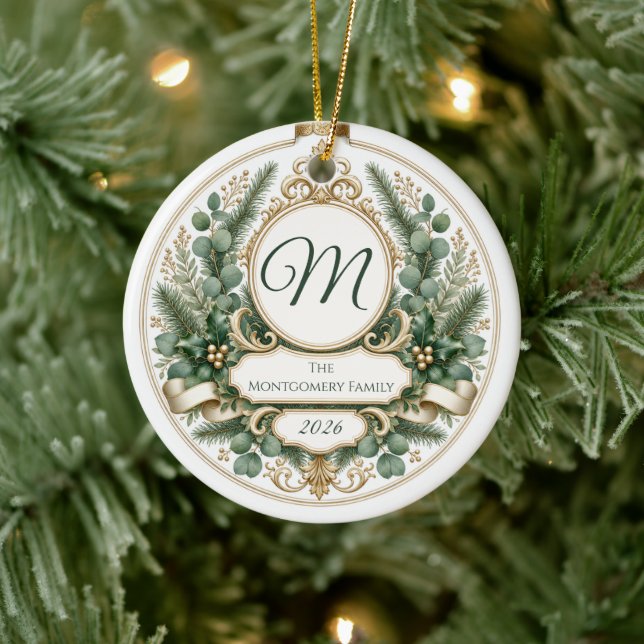 Personalized Floral Greenery Photo Ceramic Ornament (Tree)