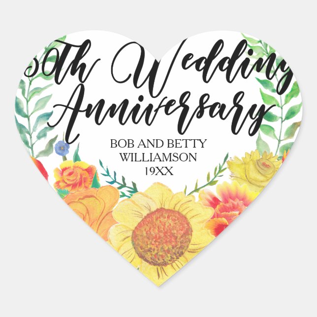 Personalized Floral Heart 50th Wedding Anniversary Heart Sticker (Front)
