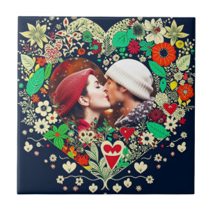 Personalized Floral Heart Frame Photo Tile