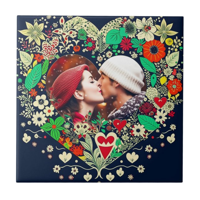 Personalized Floral Heart Frame Photo Tile (Front)
