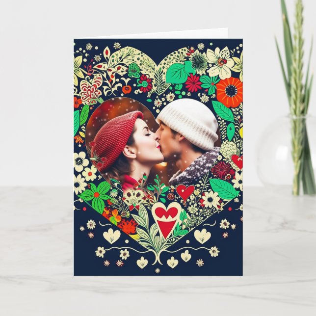 Personalized Floral Heart Frame Romantic Christmas Card (Front)