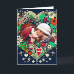Personalized Floral Heart Frame Romantic Christmas Card<br><div class="desc">Personalized Christmas card. Pretty red,  dark blue and beige colourful flowers whimsical folk art style floral heart. Add a picture of you and your partner in the personalize area.</div>