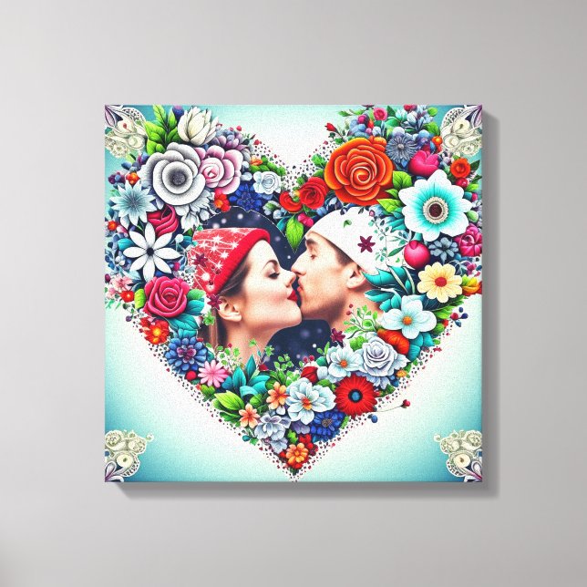 Personalized Floral Heart Frame Romantic Gift Canvas Print (Front)