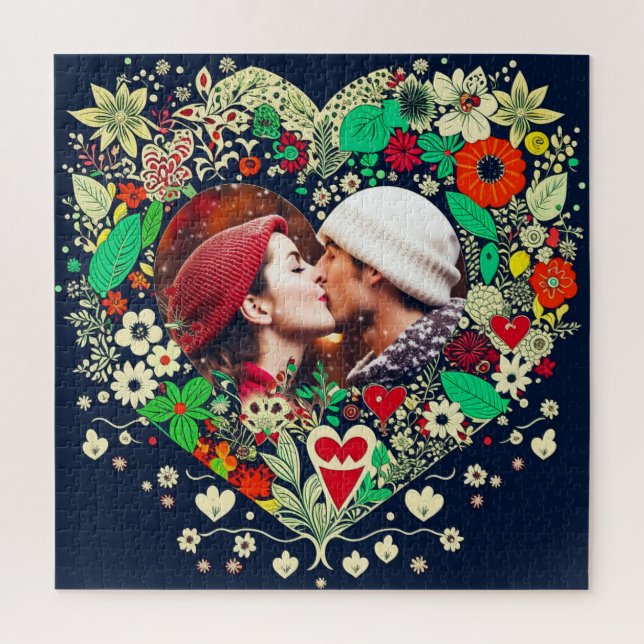 Personalized Floral Heart Frame Romantic Gift Jigsaw Puzzle (Vertical)