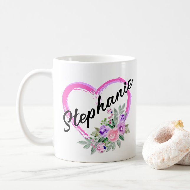 Personalized Floral Heart Mug (With Donut)