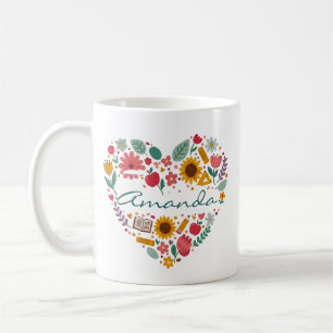 Personalized Floral Heart Name Custom Botanical Coffee Mug