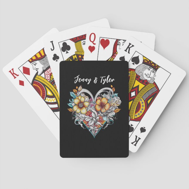 Personalized Floral Heart Romantic Playing Cards (Back)