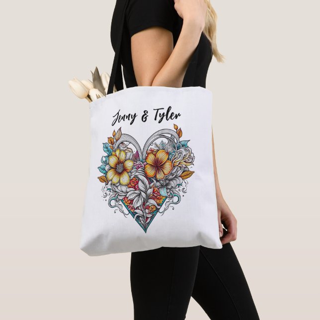 Personalized Floral Heart Romantic Tote Bag (Close Up)