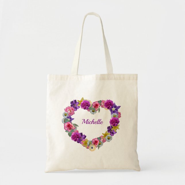 Personalized Floral Heart Tote Bag (Front)