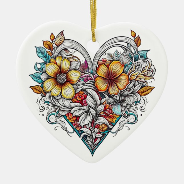 Personalized Floral Heart with Sentimental Message Ceramic Ornament (Front)
