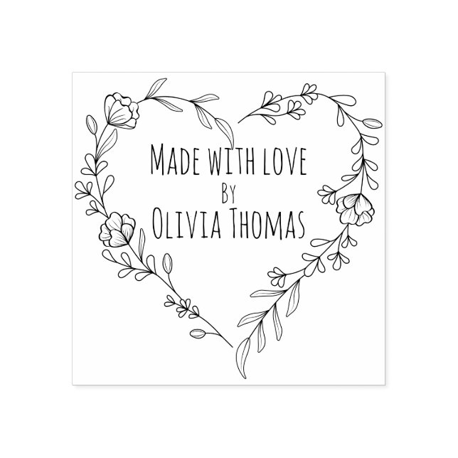 Personalized Floral Heart Wreath 'Made With Love'  Rubber Stamp (Imprint)