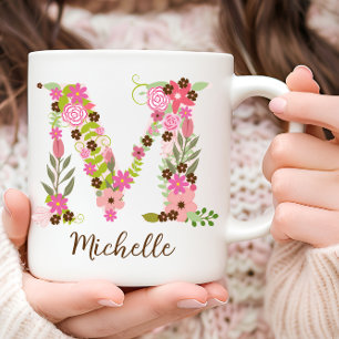 Personalized Floral Initial Monogram M Pink Flower Coffee Mug