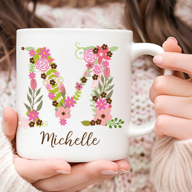 Personalized Floral Initial Monogram M Pink Flower Coffee Mug (Personalized Monogram Floral Letter M Coffee Mug)
