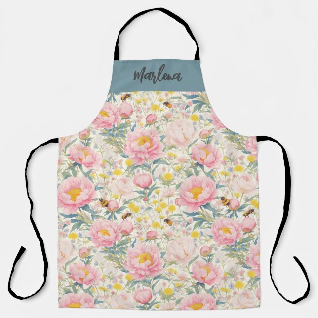 Personalized Floral Kitchen Apron with Bees Peony (Front)