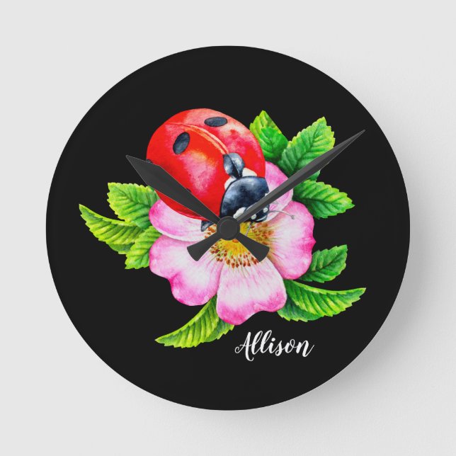 Personalized Floral Ladybug Round Clock (Front)