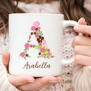 Personalized Floral Letter A Monogram Pink Flower Coffee Mug