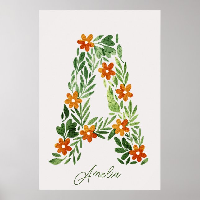 Personalized Floral Letter A with Orange Flowers Poster (Front)