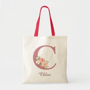 Personalized Floral Letter C Monogram Tote Bag