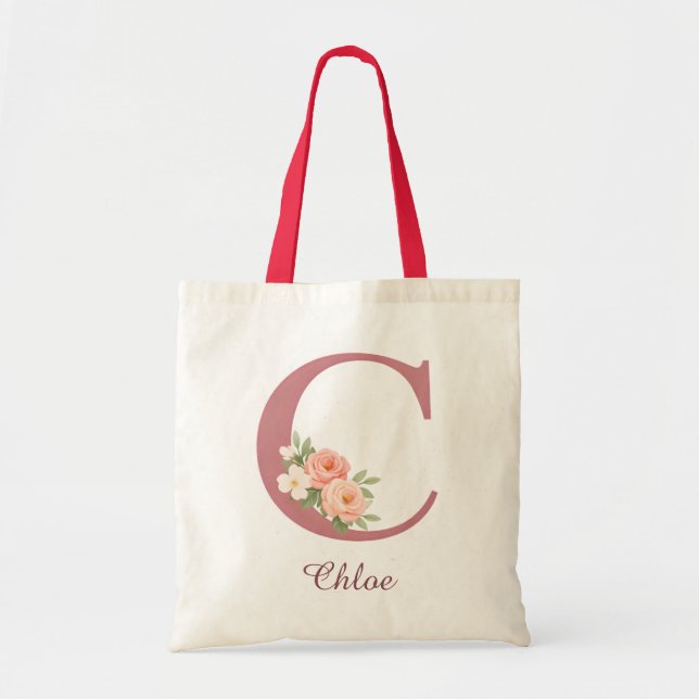 Personalized Floral Letter C Monogram Tote Bag (Front)