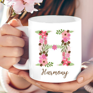 Personalized Floral Letter H Monogram Pink Flower Coffee Mug