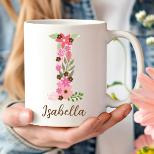 Personalized Floral Letter I Monogram Pink Flower Coffee Mug