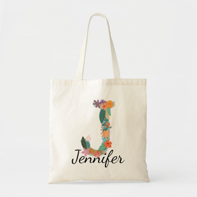 Personalized Floral Letter J Monogram Botanical  Tote Bag (Front)