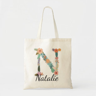 Personalized Floral letter L Custom Name Botanical Tote Bag