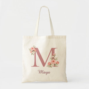 Personalized Floral Letter M Monogram Tote Bag