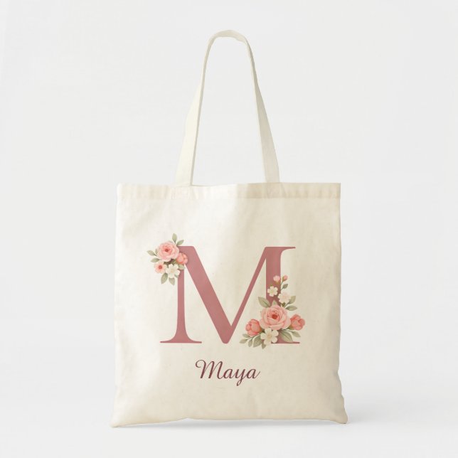 Personalized Floral Letter M Monogram Tote Bag (Front)