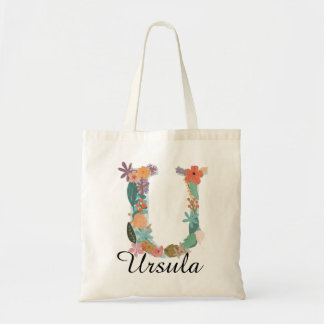 Personalized Floral Letter U Custom Name Canvas  Tote Bag