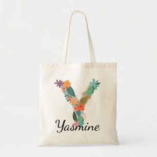 Personalized Floral Letter Y Custom Name Canvas Tote Bag