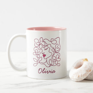 Personalized Floral Line Art Face Custom Name Mug