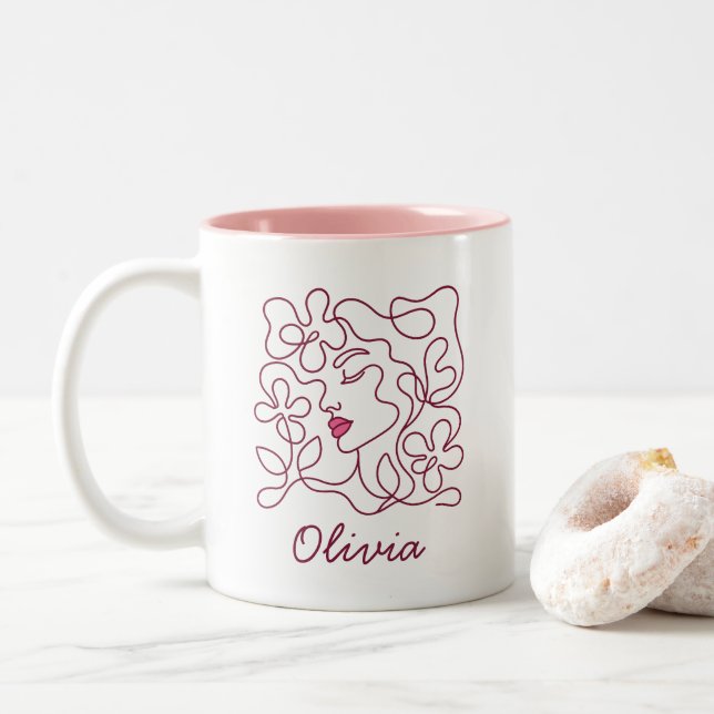 Personalized Floral Line Art Face Custom Name Mug (With Donut)