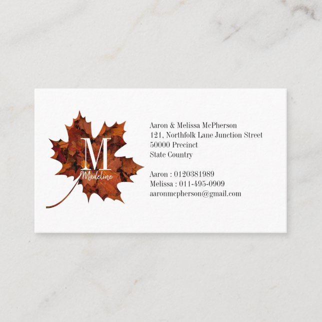 Personalized Floral Monogram Autumn Maple Leaf Business Card (Front)