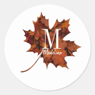 Personalized Floral Monogram Autumn Maple Leaf Classic Round Sticker