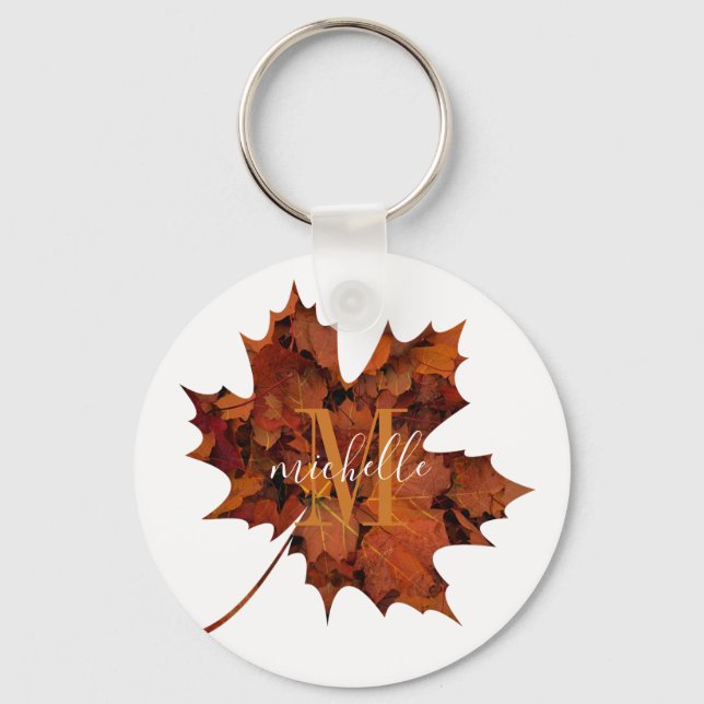 Personalized Floral Monogram Autumn Maple Leaf Keychain (Front)