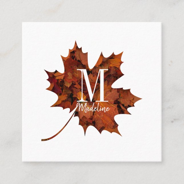 Personalized Floral Monogram Autumn Maple Leaf Square Business Card (Front)