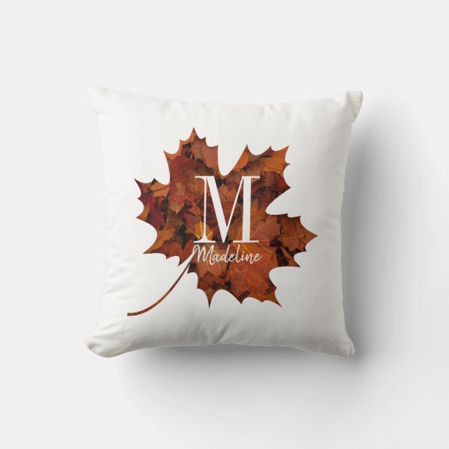 Personalized Floral Monogram Autumn Maple Leaf Throw Pillow (Front)