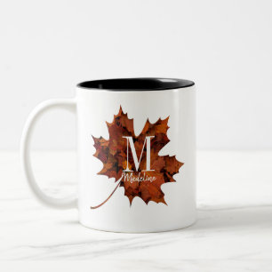 Personalized Floral Monogram Autumn Maple Leaf Two-Tone Coffee Mug