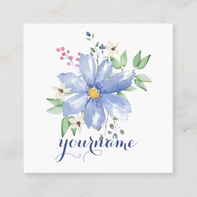 Personalized Floral Monogram Blue Wildflowers Square Business Card (Front)