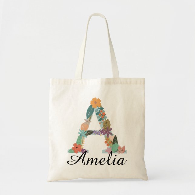 Personalized Floral Monogram Custom Name Botanical Tote Bag (Front)